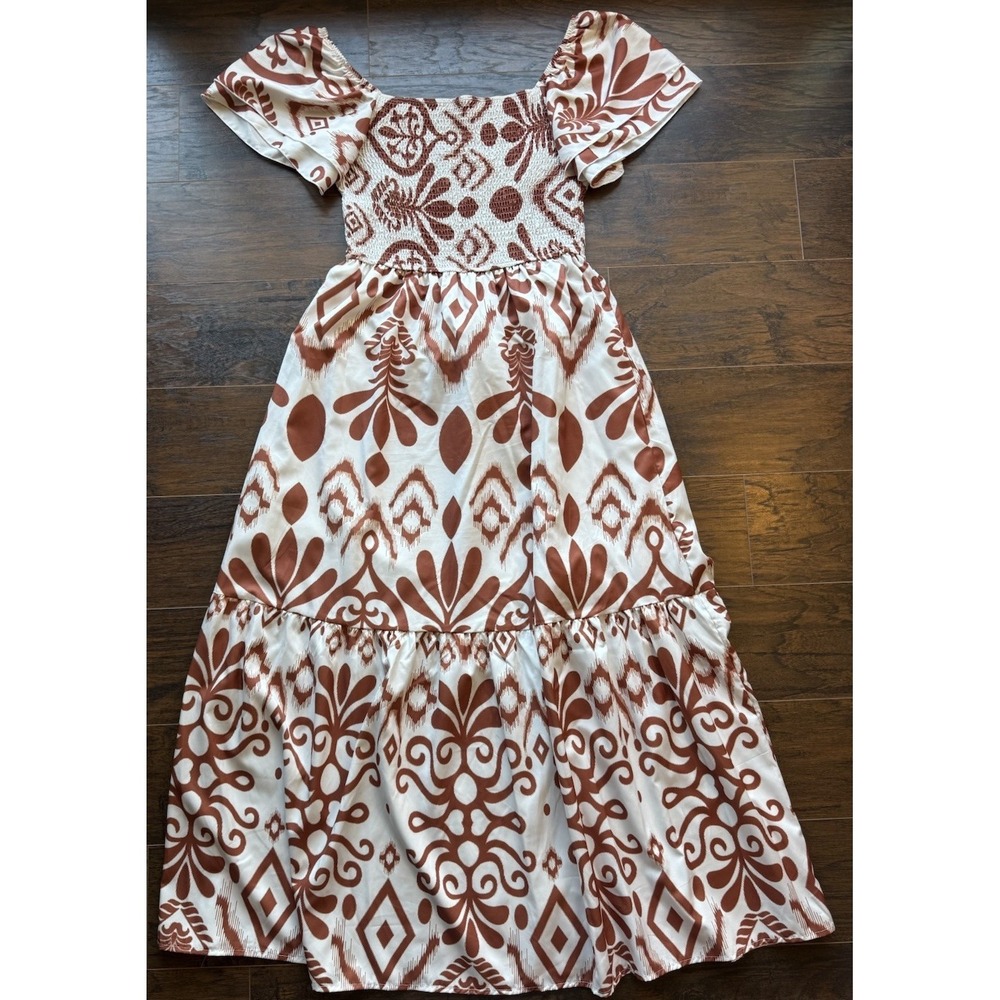 Womens Boho Smocked Midi Dress Puff Sleeve Tribal Print Flowy Summer Large Brown - Picture 1 of 8
